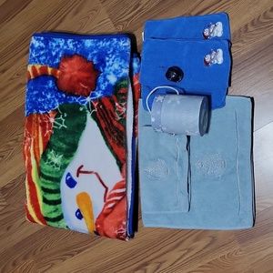 7 piece blue snowman Christmas lot throw blanket washcloths storage box ornament